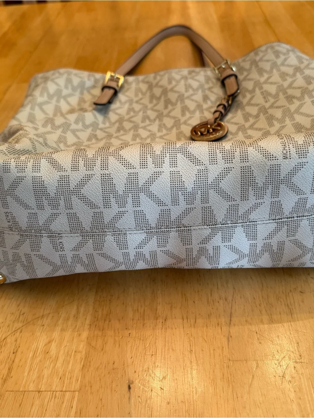 Michael Kors Light Beige Signature MK Tote with Gold Charm